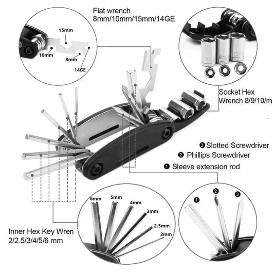 16 in 1 Portable Bicycle Repair Tools Kit Hex Wrench Nut Tire Screwdriver